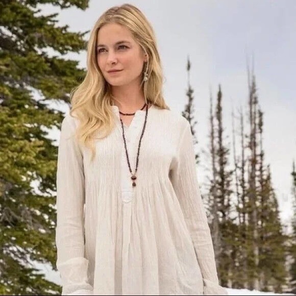 Sundance Tops - Sundance Pleated Pintuck Peasant Button Front Top White Long Sleeve Large HW8806